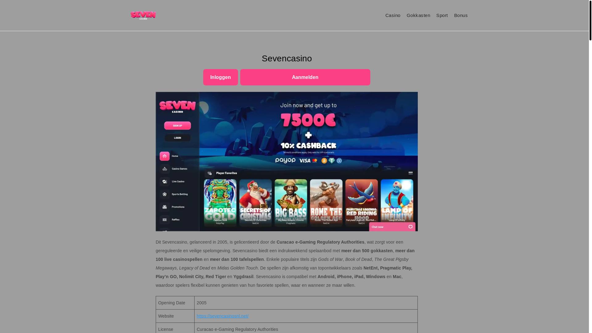 website screenshot of https://sevencasinosnl.net/