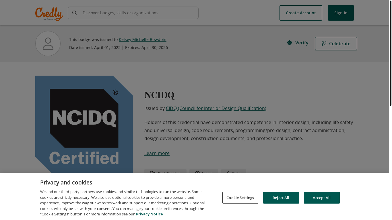 website screenshot of https://www.credly.com/badges/37c530f0-eea9-4b1b-b74e-7bbe88cc8a56/public_url