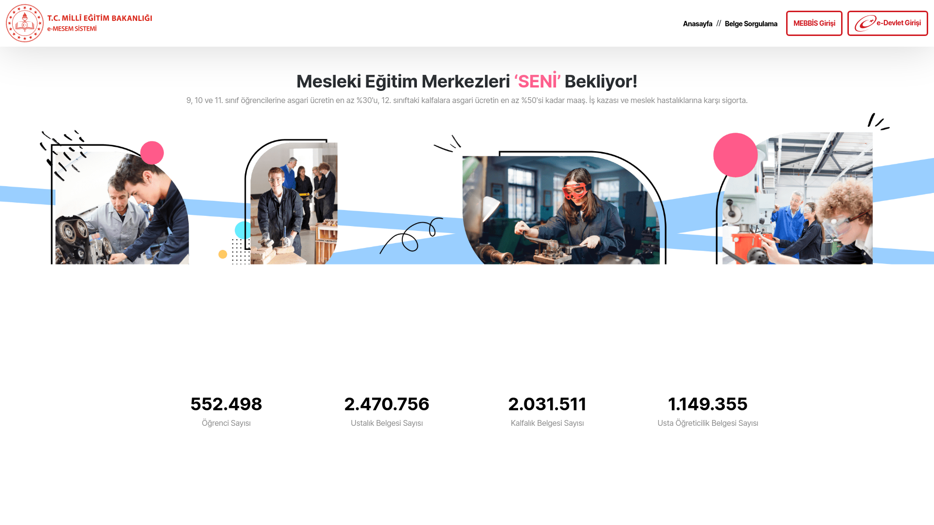 website screenshot of https://e-mesem.meb.gov.tr/Main.aspx