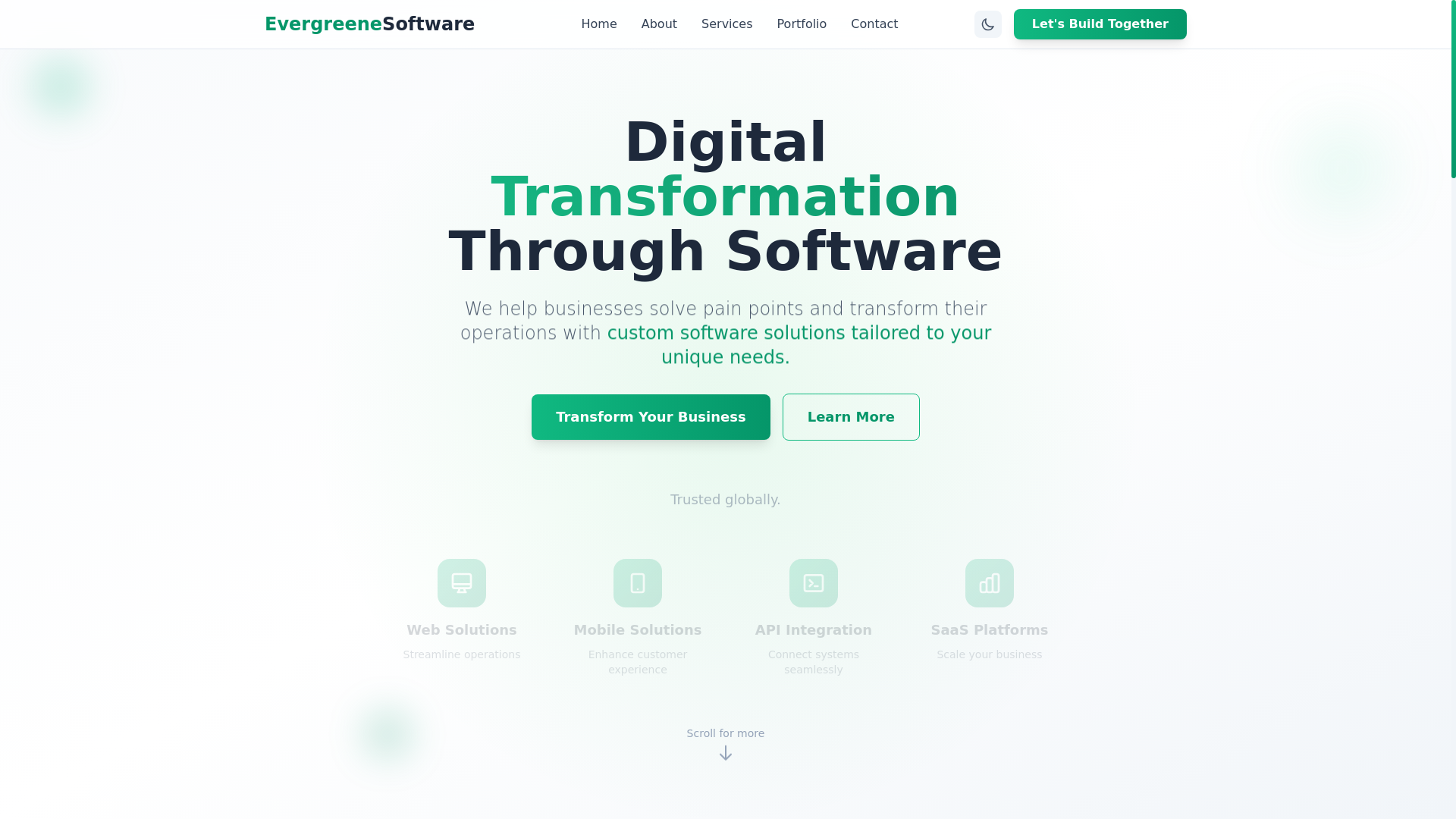 website screenshot of https://evergreenesoftware.com/