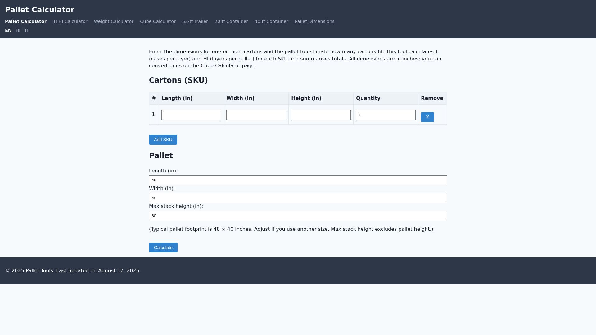 website screenshot of https://pallet-calculator.com/
