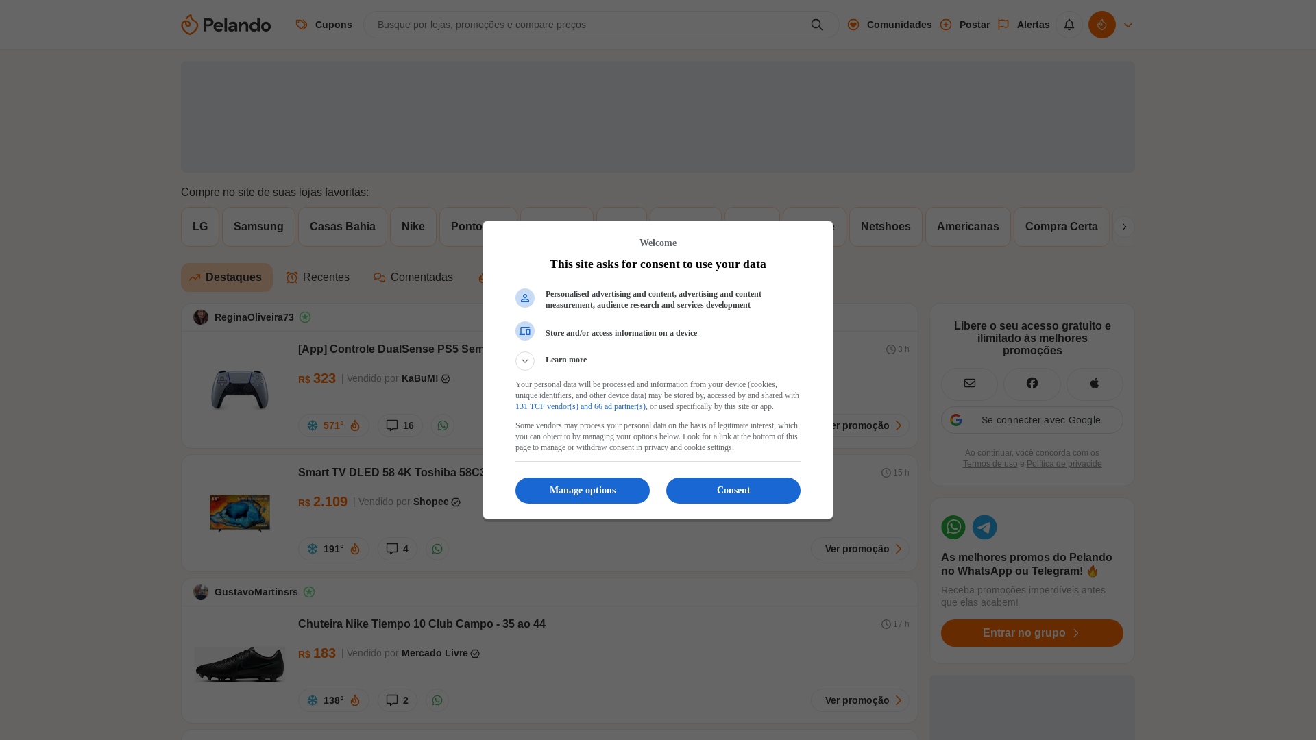 website screenshot of https://Pelando.com.br