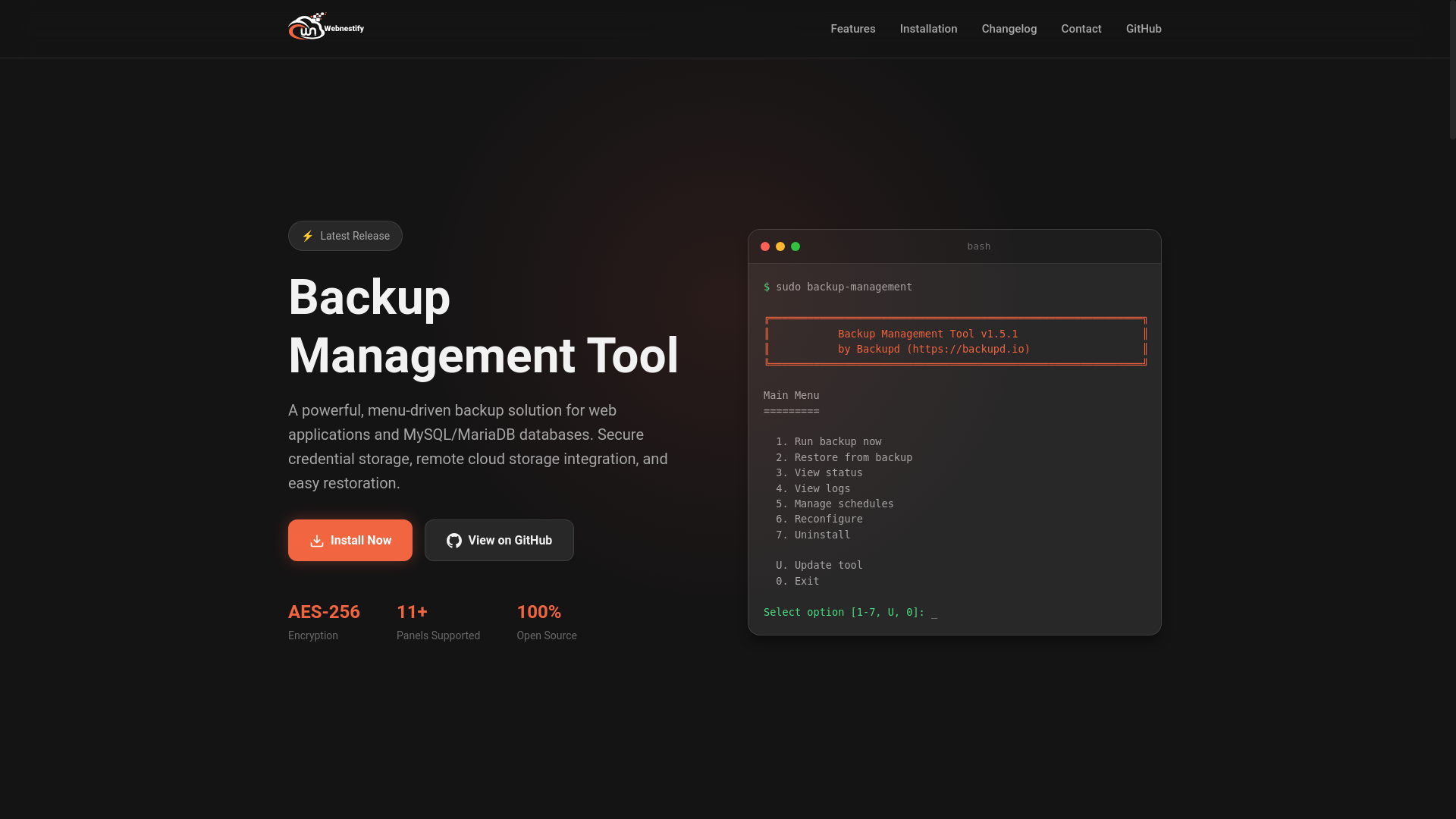 website screenshot of https://backupd.io/