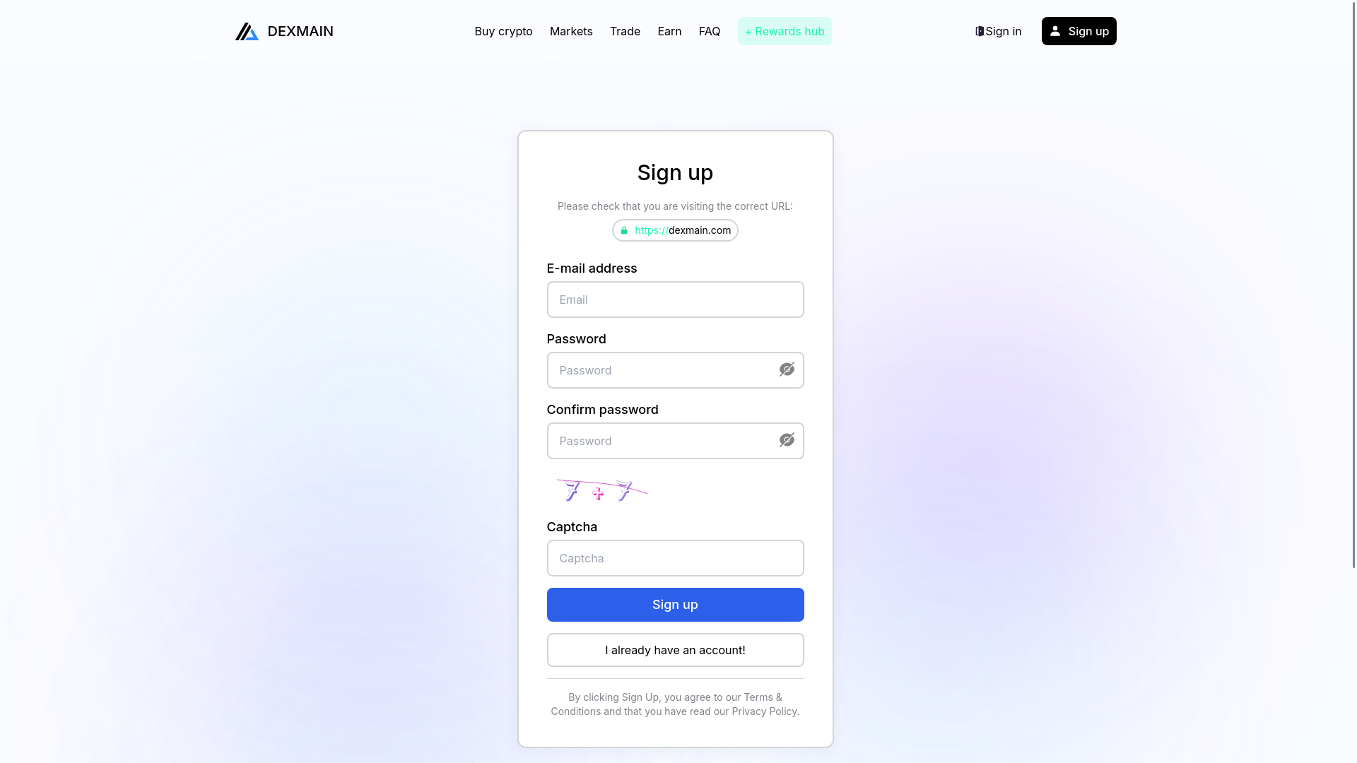 website screenshot of http://dexmain.com/dashboard/sign-up