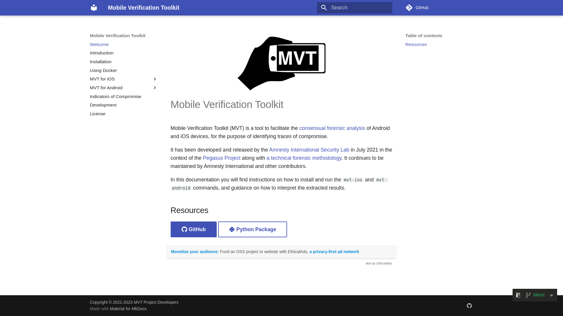 website screenshot of https://docs.mvt.re/en/latest/
