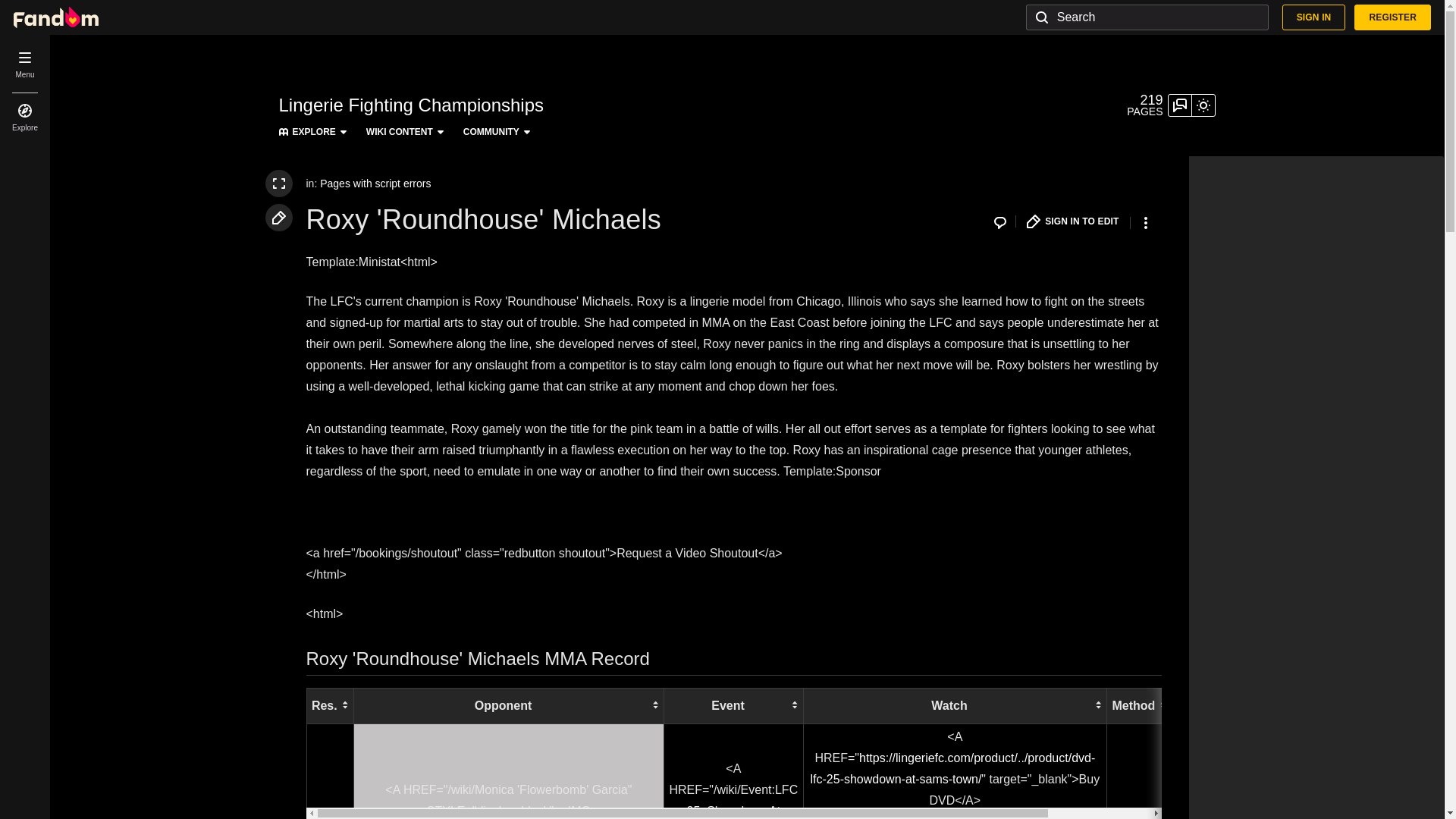 website screenshot of https://lingerie-fighting-championships.fandom.com/wiki/Roxy_'Roundhouse'_Michaels