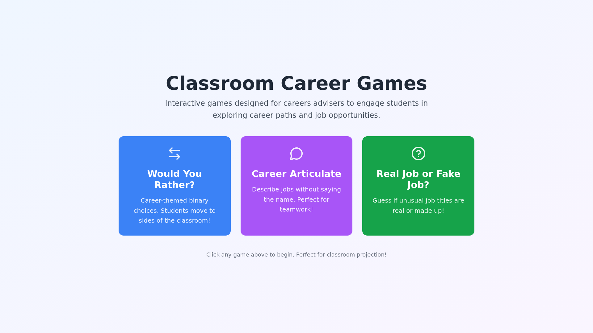 website screenshot of https://classroomcareergames.com/