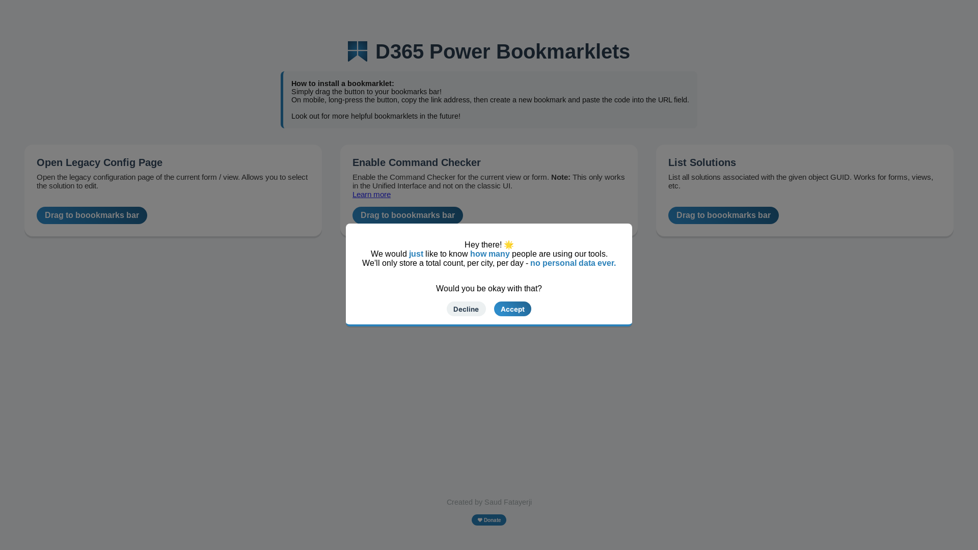 website screenshot of https://d365-bookmarklets.pages.dev/