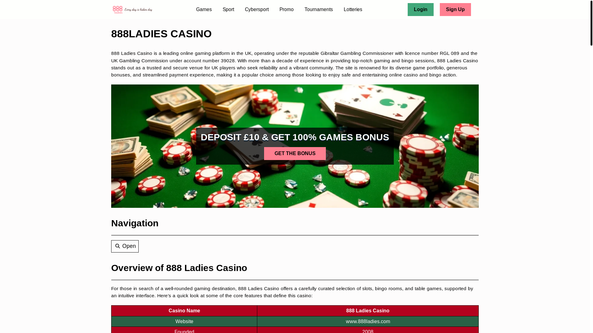 website screenshot of https://888ladiescasino.uk/