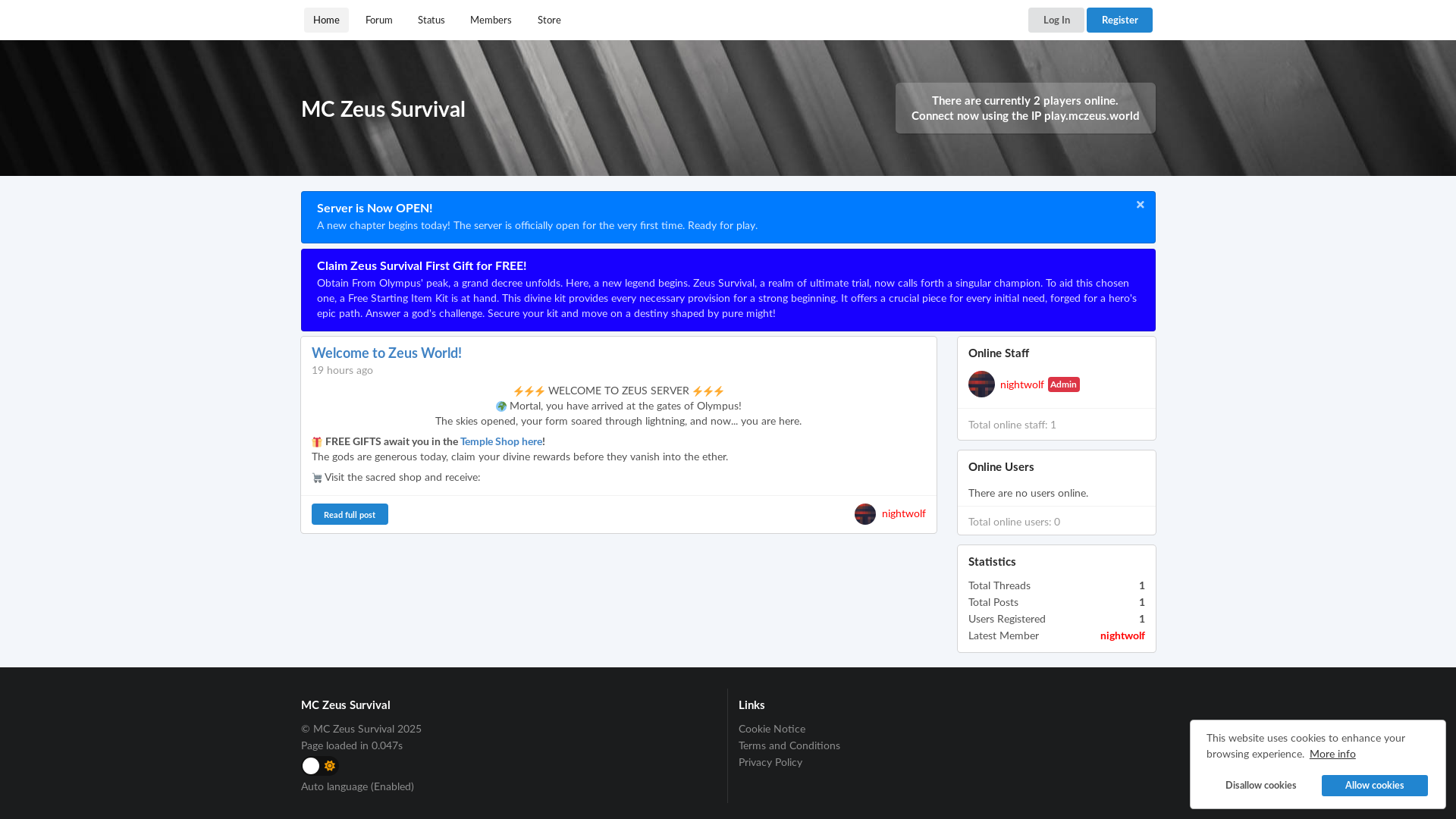 website screenshot of https://mczeus.world/