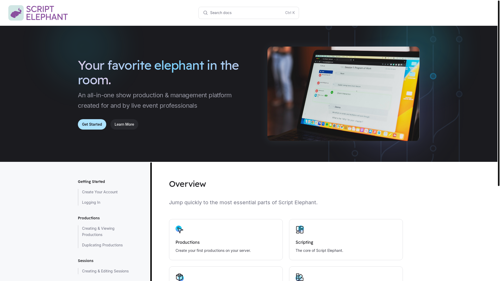website screenshot of https://script-elephant-docs-workers.pages.dev/