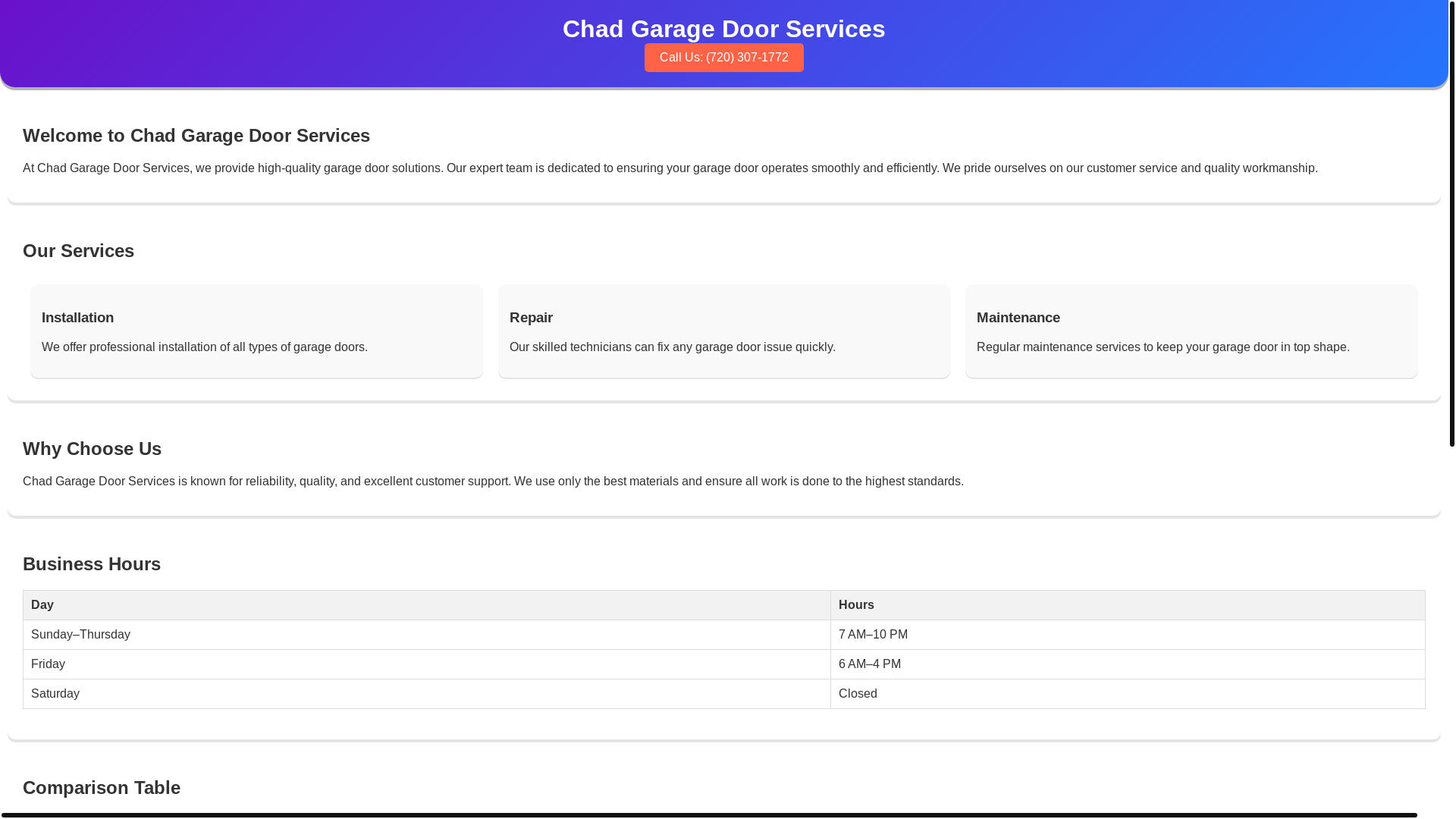 website screenshot of https://chadgaragedoorservices.shop/