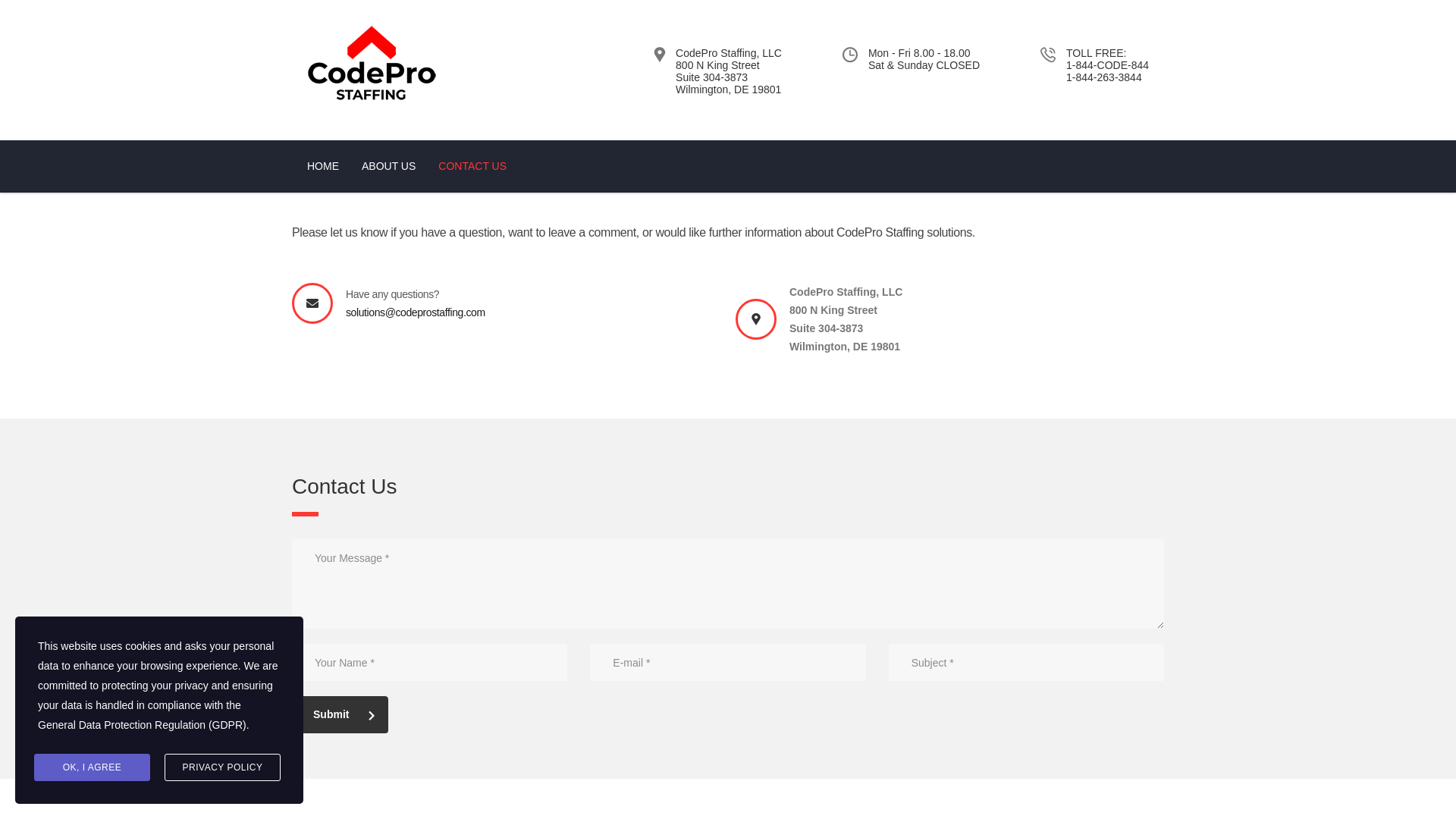 website screenshot of https://codeprostaffing.com/contact-us/