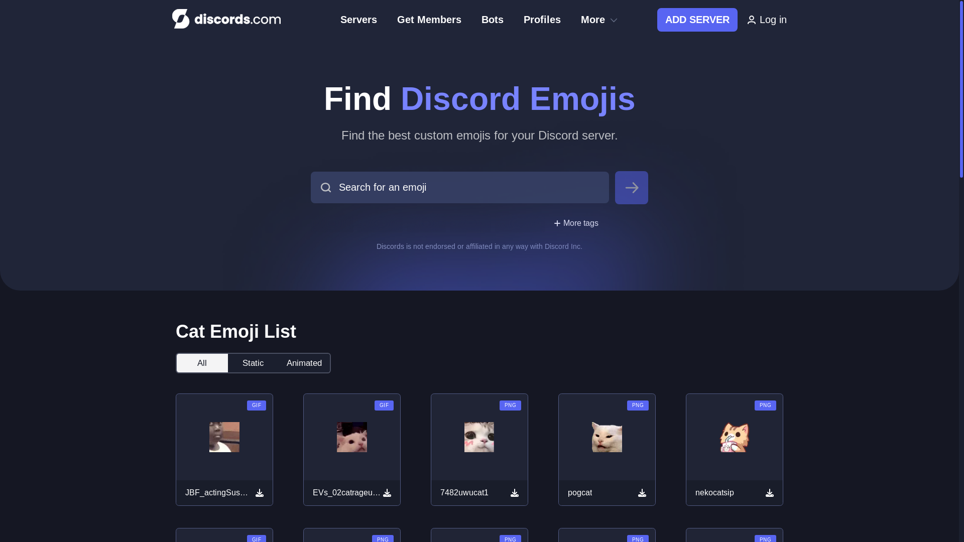 website screenshot of https://discords.com/emoji-list/tag/Cat