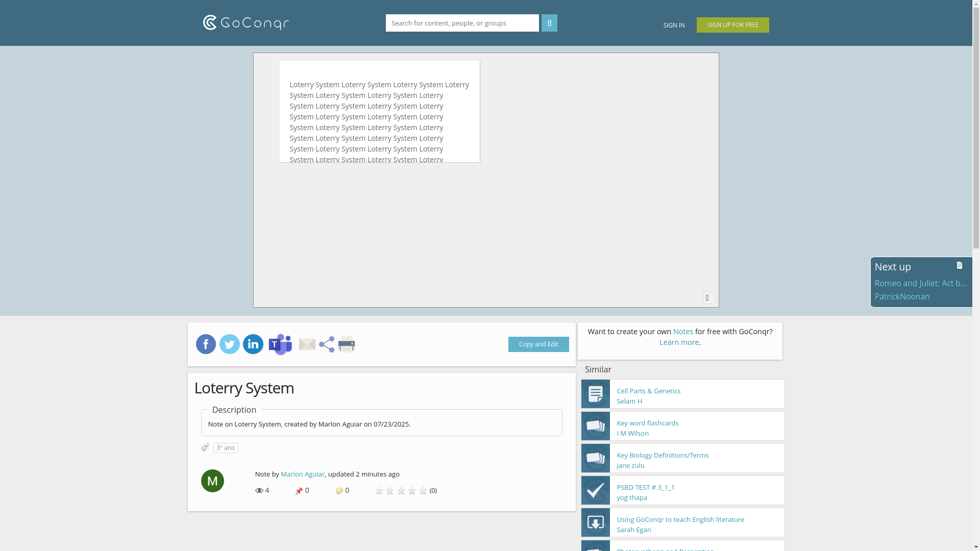website screenshot of https://www.goconqr.com/nota/40552573/loterry-system