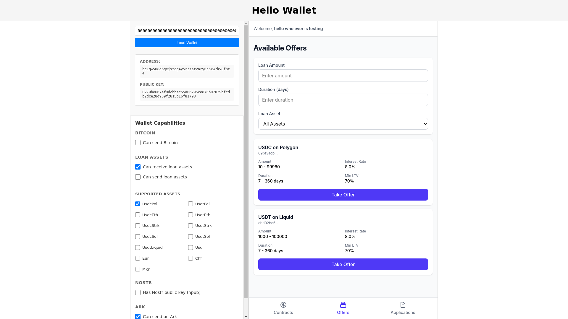 website screenshot of https://lendasat-signet-sample-wallet.pages.dev/