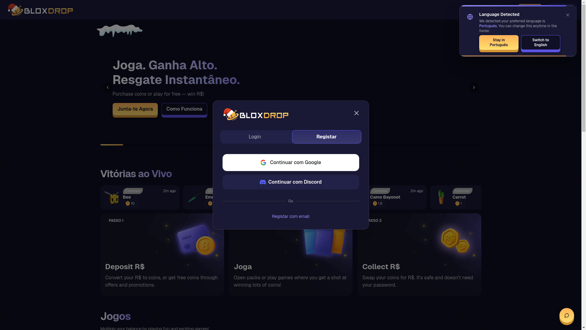 website screenshot of https://bloxdrop.com/pt