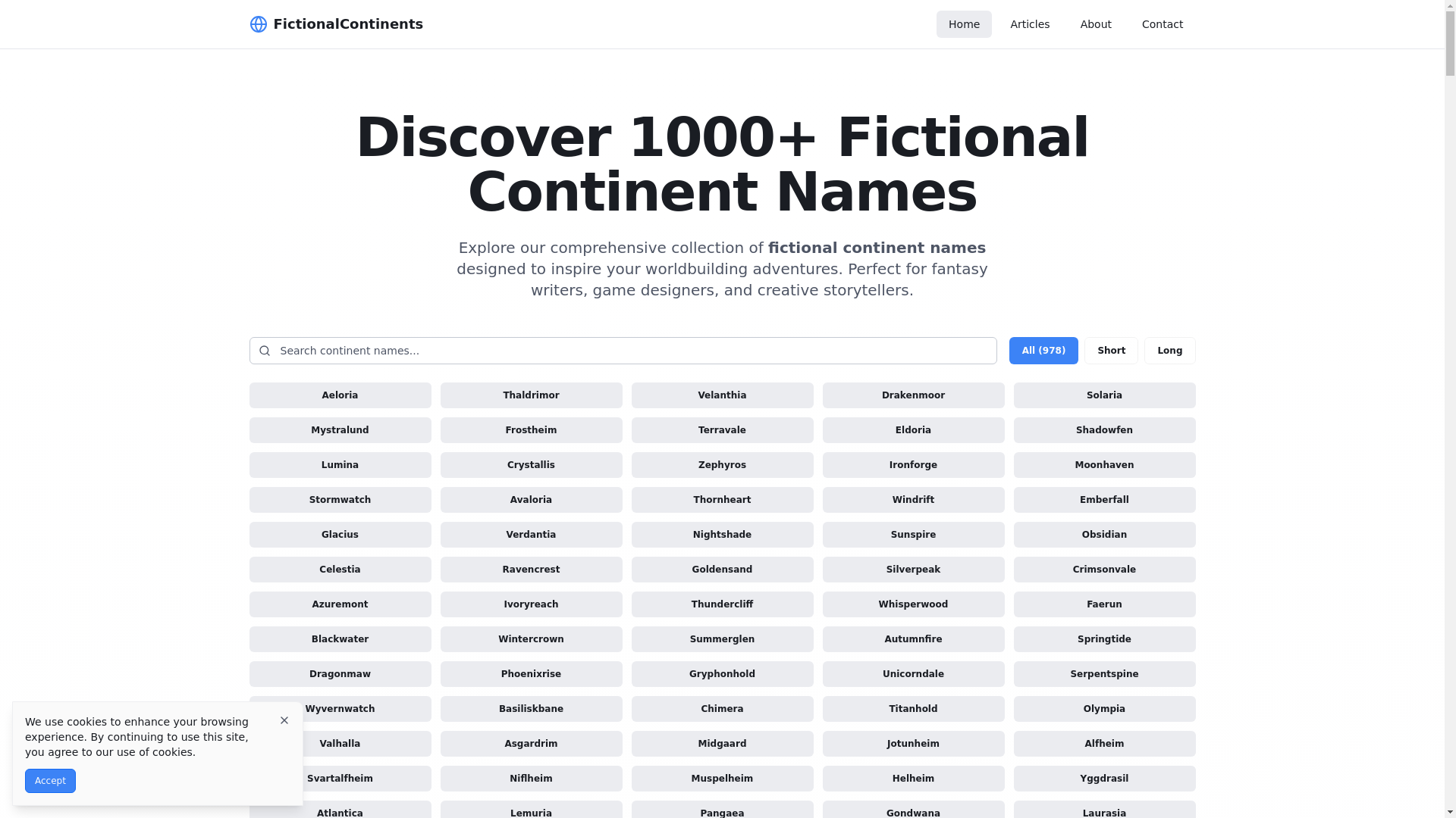 website screenshot of https://fictionalcontinentnames.pages.dev/