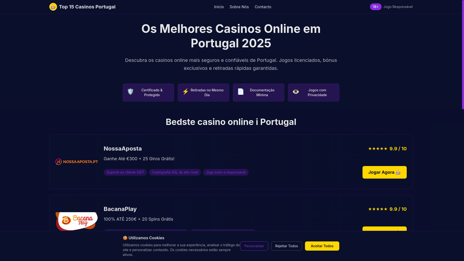 website screenshot of https://top15casinosportugal.com/