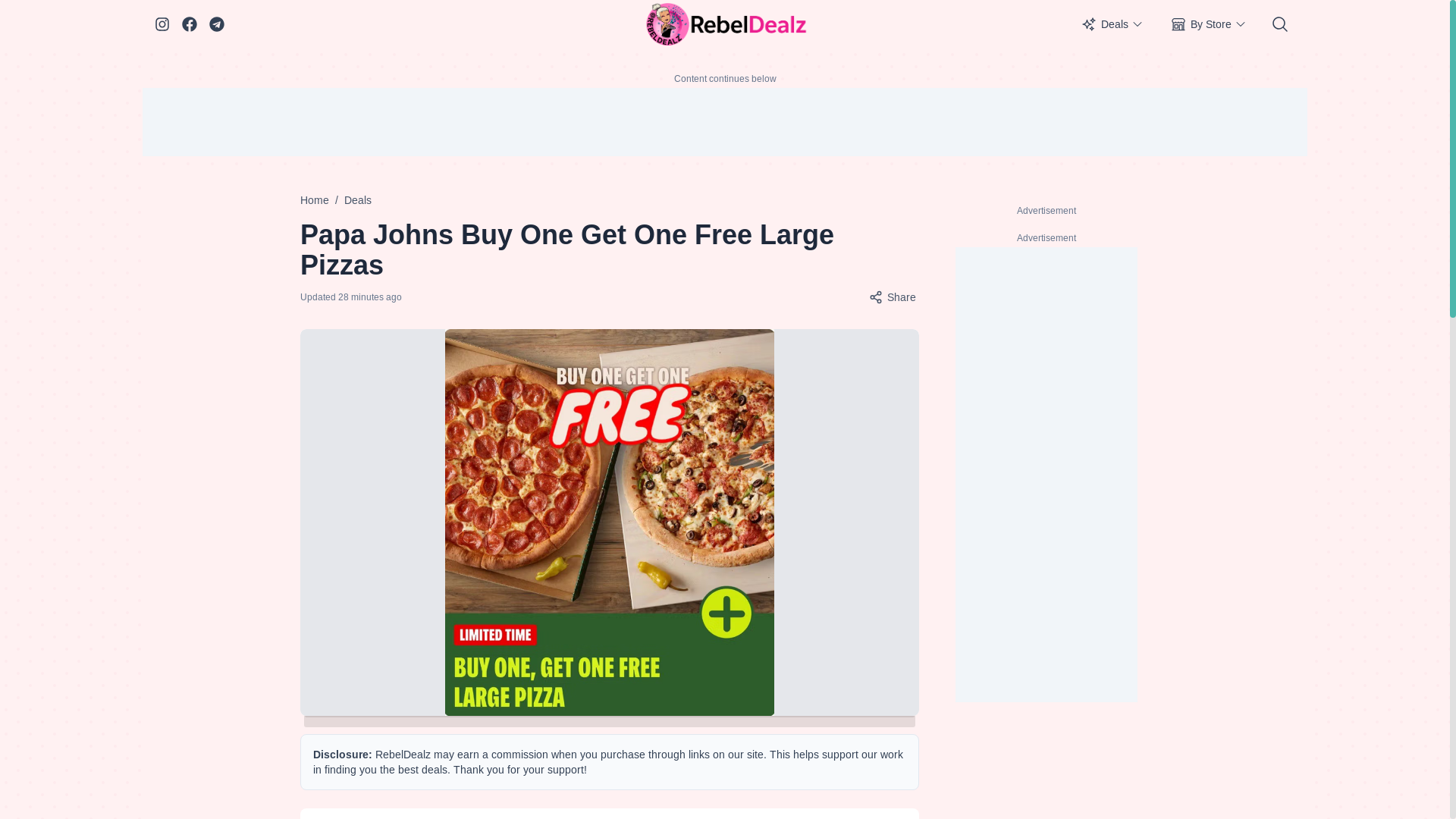 website screenshot of https://rebeldealz.net/deal/papa-johns-bogo-free-large-pizzas