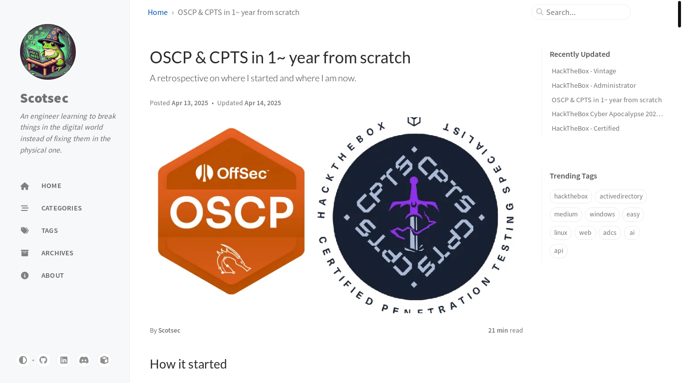 website screenshot of https://scotsec.github.io/posts/Progress/