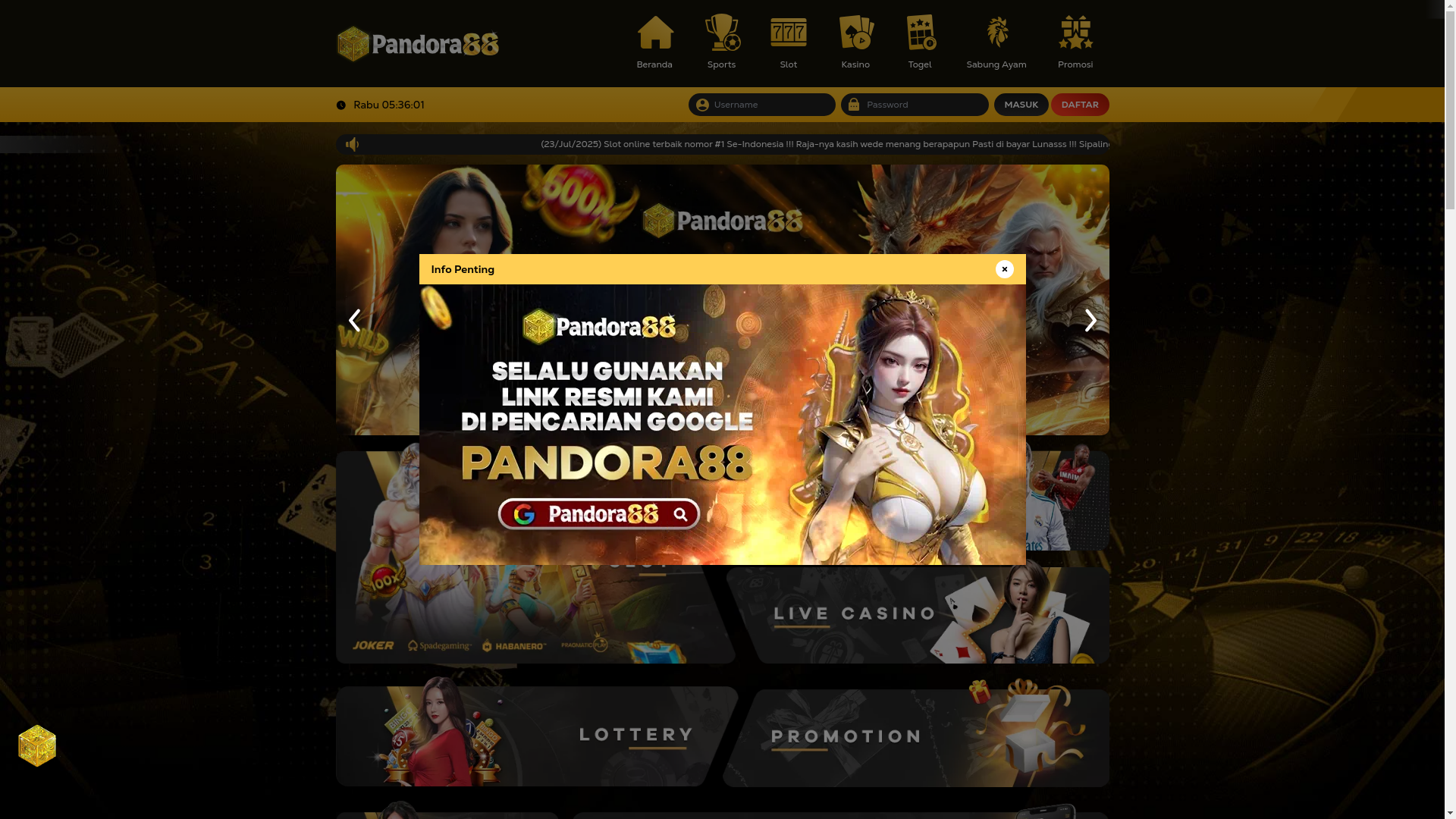 website screenshot of https://pandora88-sinarvip2.com/