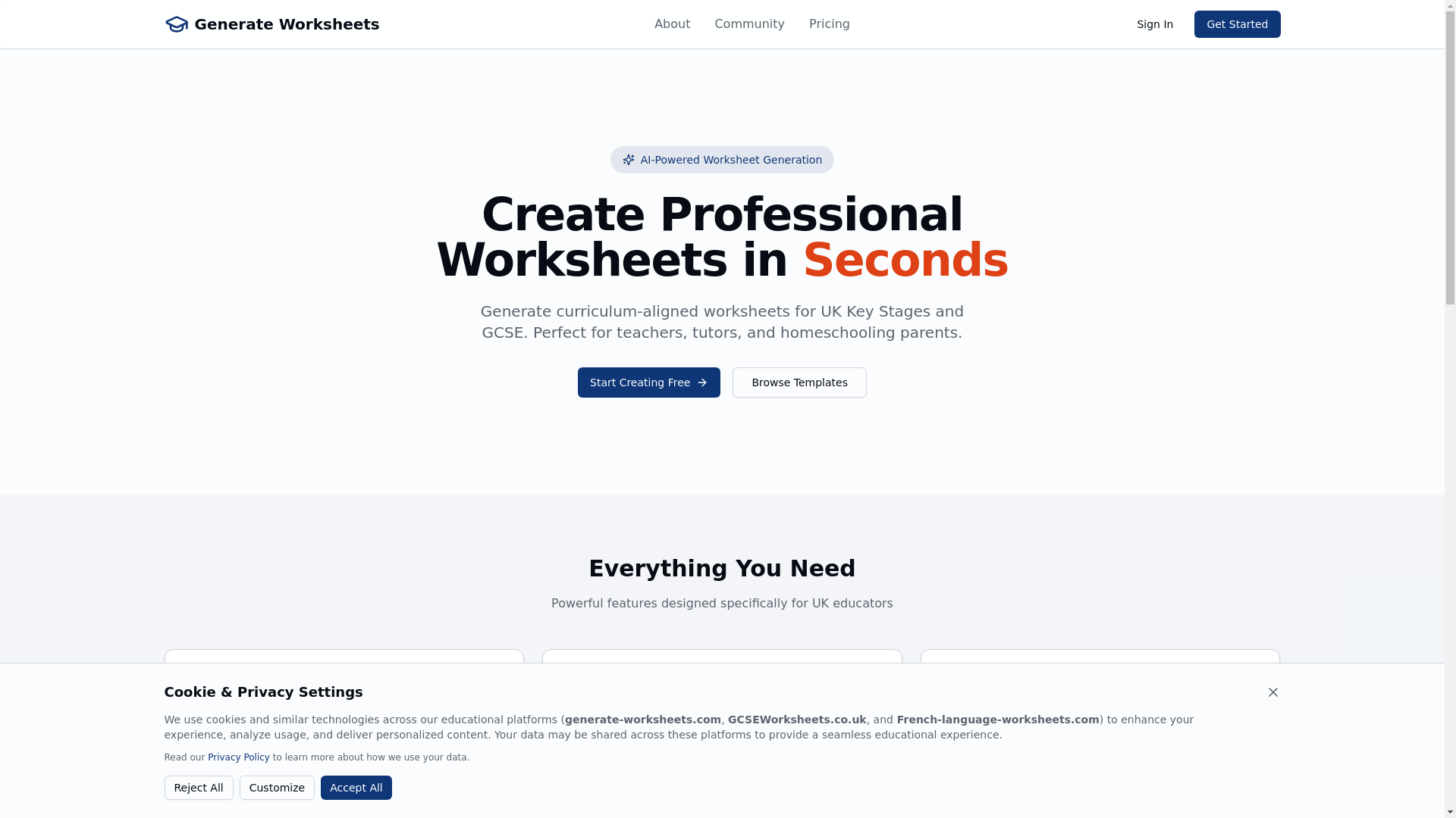 website screenshot of https://generate-worksheets.com/