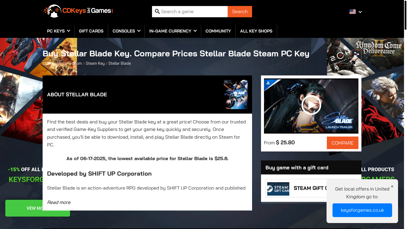 website screenshot of https://www.cdkeysforgames.com/games/steam-games/stellar-blade/