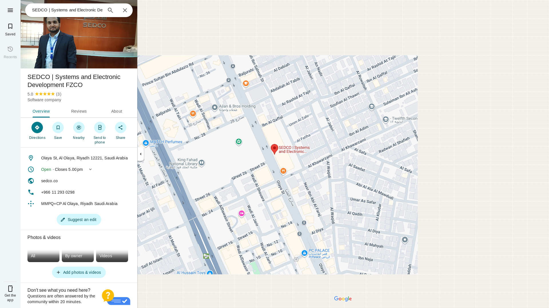 website screenshot of https://www.google.com.sa/maps/place/%5B+SEDCO+%5D+Systems+and+Electronic+Development/@24.6860718,46.6892621,17z/data=!3m1!4b1!4m5!3m4!1s0x3e2f03439a50df43:0x8278a2bd76e5e4bc!8m2!3d24.6860747!4d46.689269?hl=en
