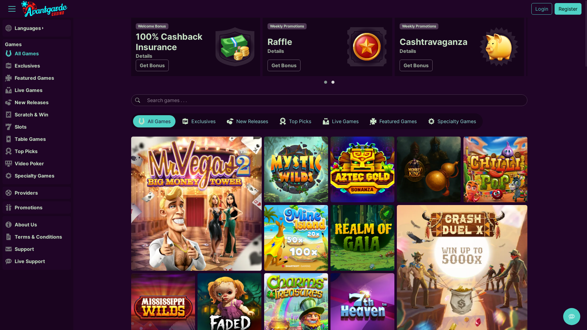 website screenshot of https://avantgardcasino.live/