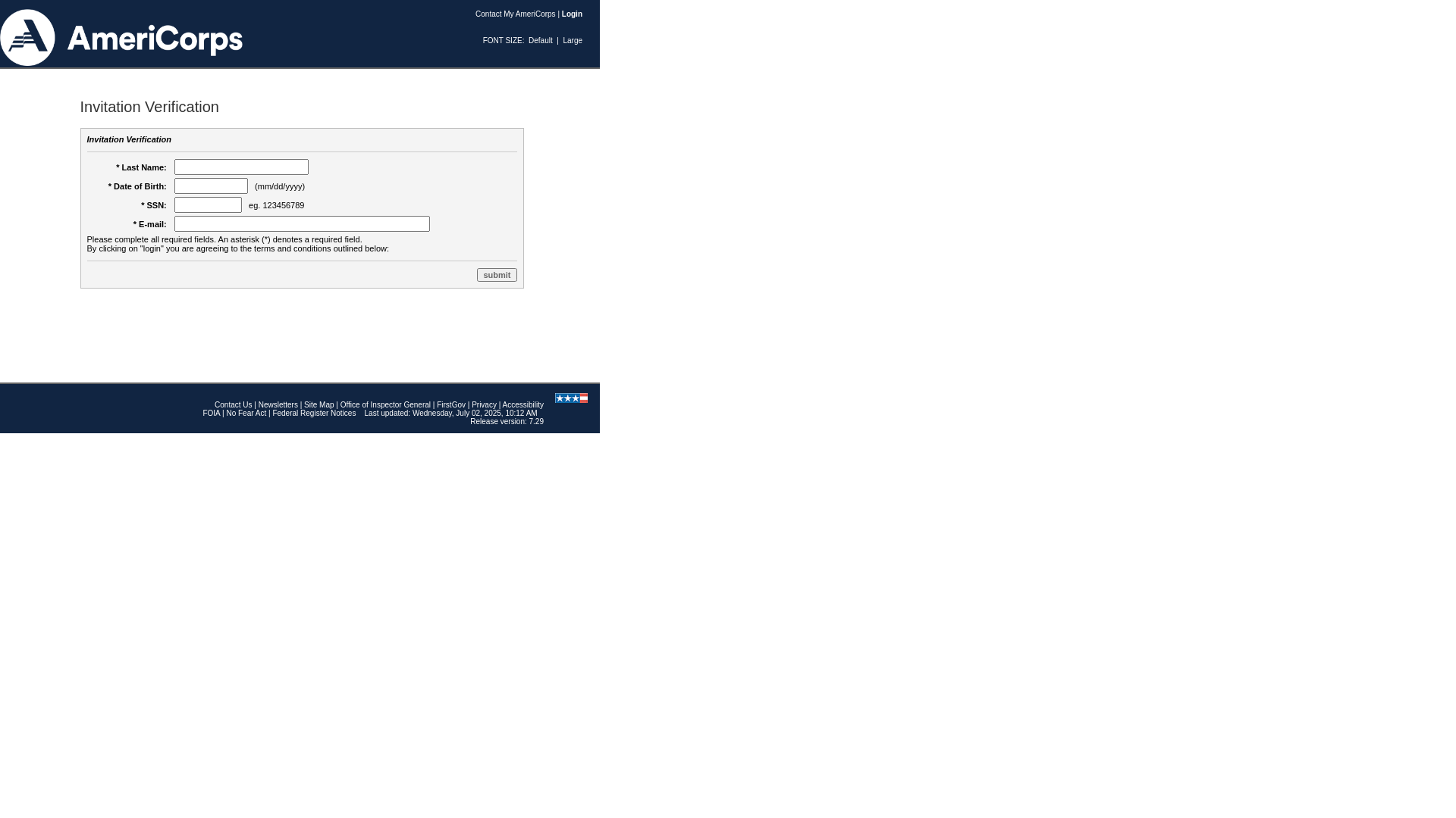 website screenshot of https://my.americorps.gov/mp/member/validateInvitation.do?id=1182731&pin=w5o4xjhar1