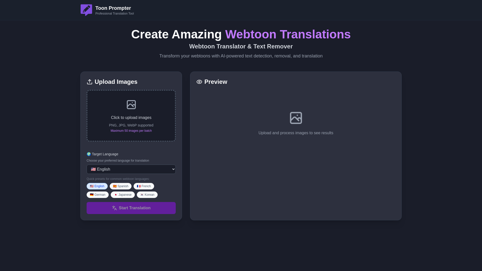 website screenshot of https://webtoontranslator.com/