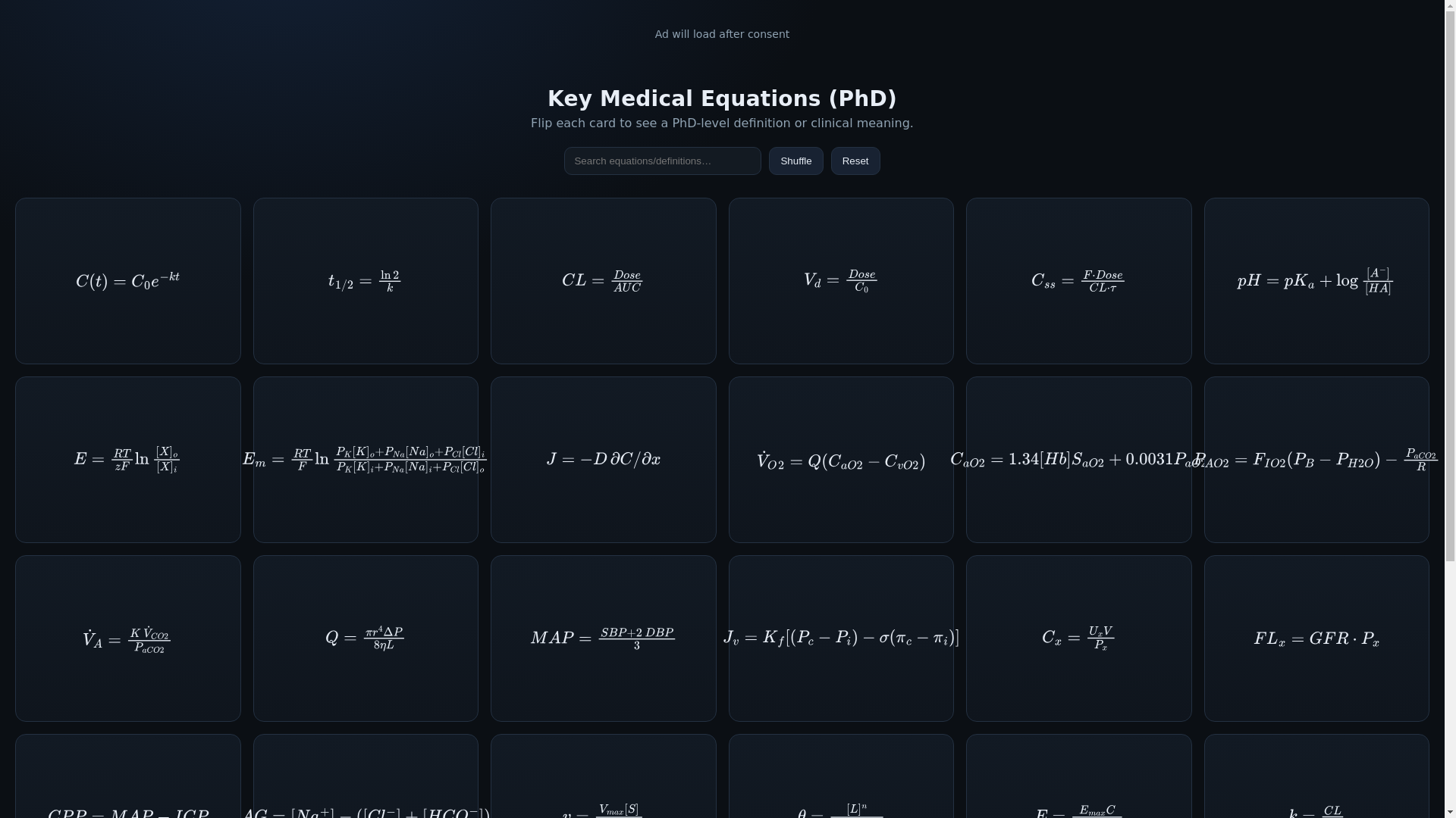 website screenshot of https://keymedicalequationsphd.com/