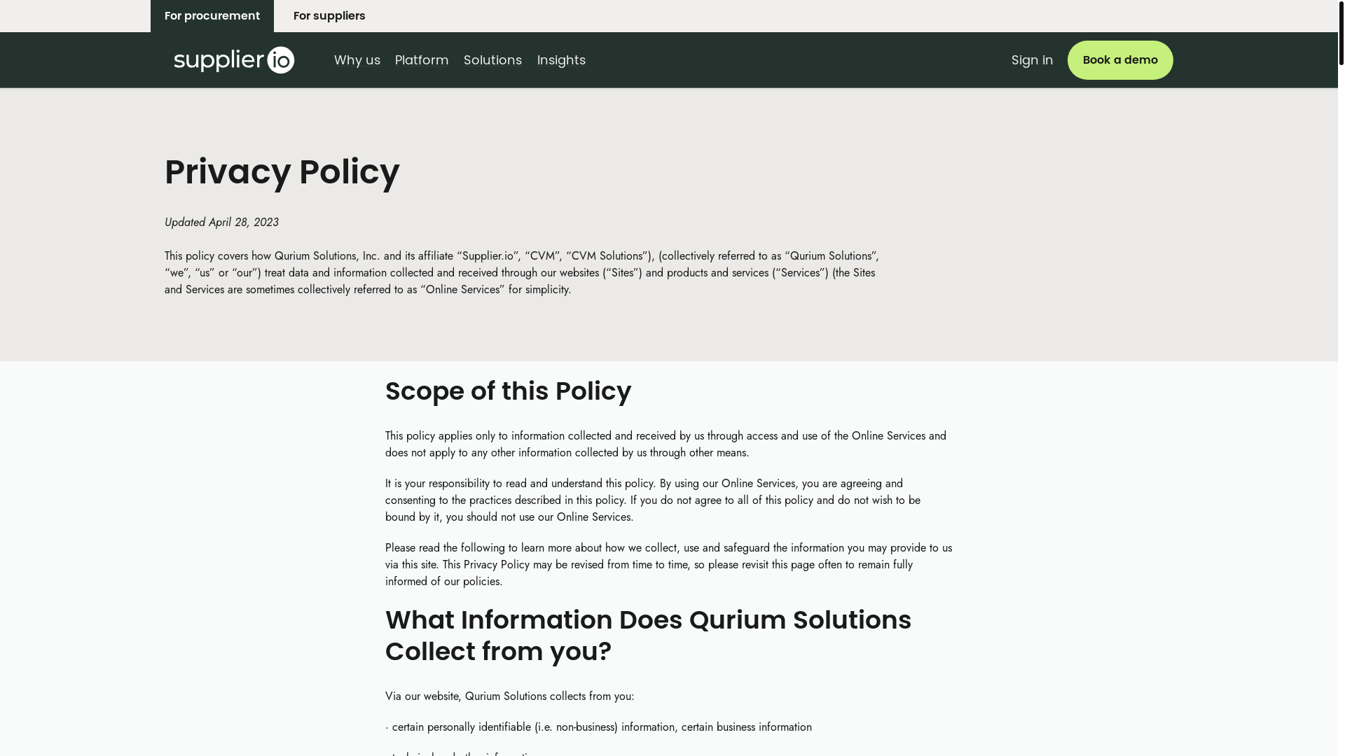 website screenshot of https://supplier.io/privacy-policy