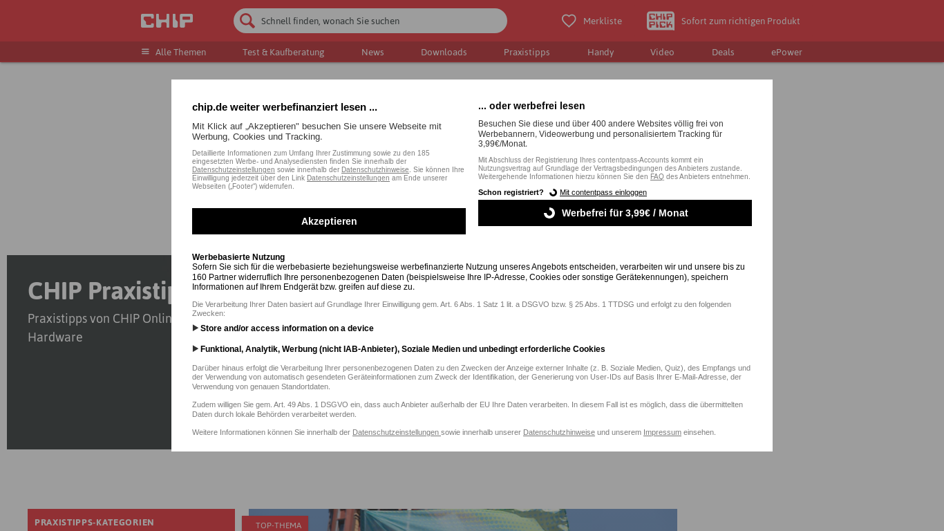 website screenshot of https://praxistipps.chip.de/