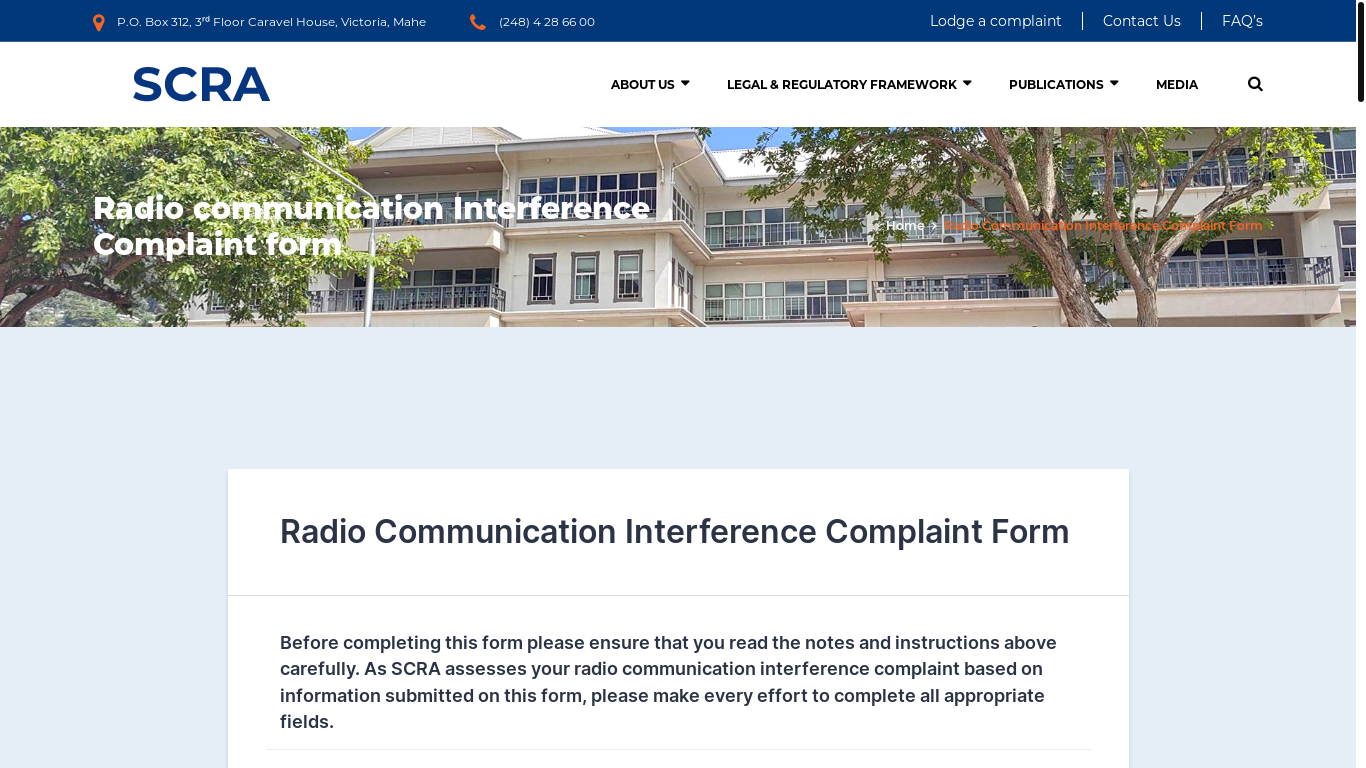 website screenshot of https://scra.sc/radio-communication-interference-complaint-form/