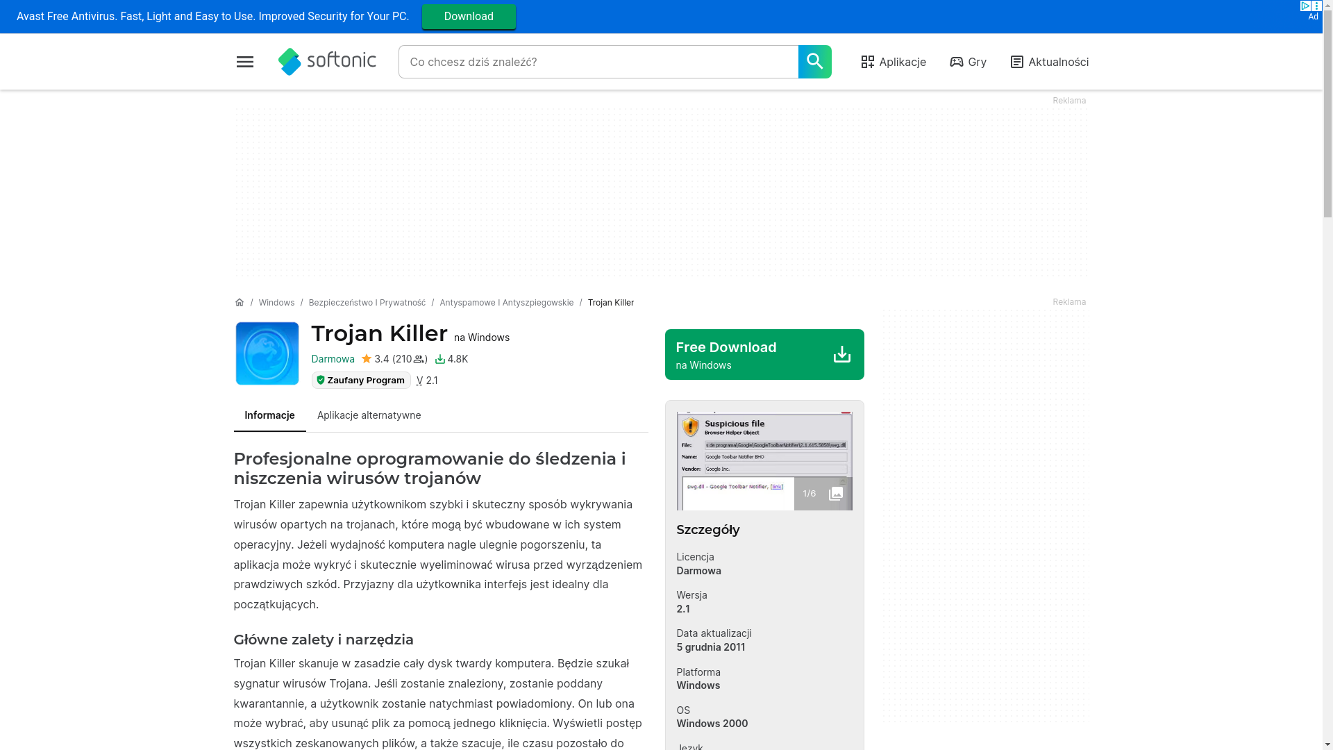 website screenshot of https://www.google.com/url?sa=t&rct=j&q=&esrc=s&source=web&cd=&cad=rja&uact=8&ved=2ahUKEwiO6_iu6eyOAxXGGBAIHXAAEjwQFnoECDMQAQ&url=https%3A%2F%2Ftrojan-killer.softonic.pl%2F&usg=AOvVaw2P_U1ZPFN958c_nB-YFVls&opi=89978449