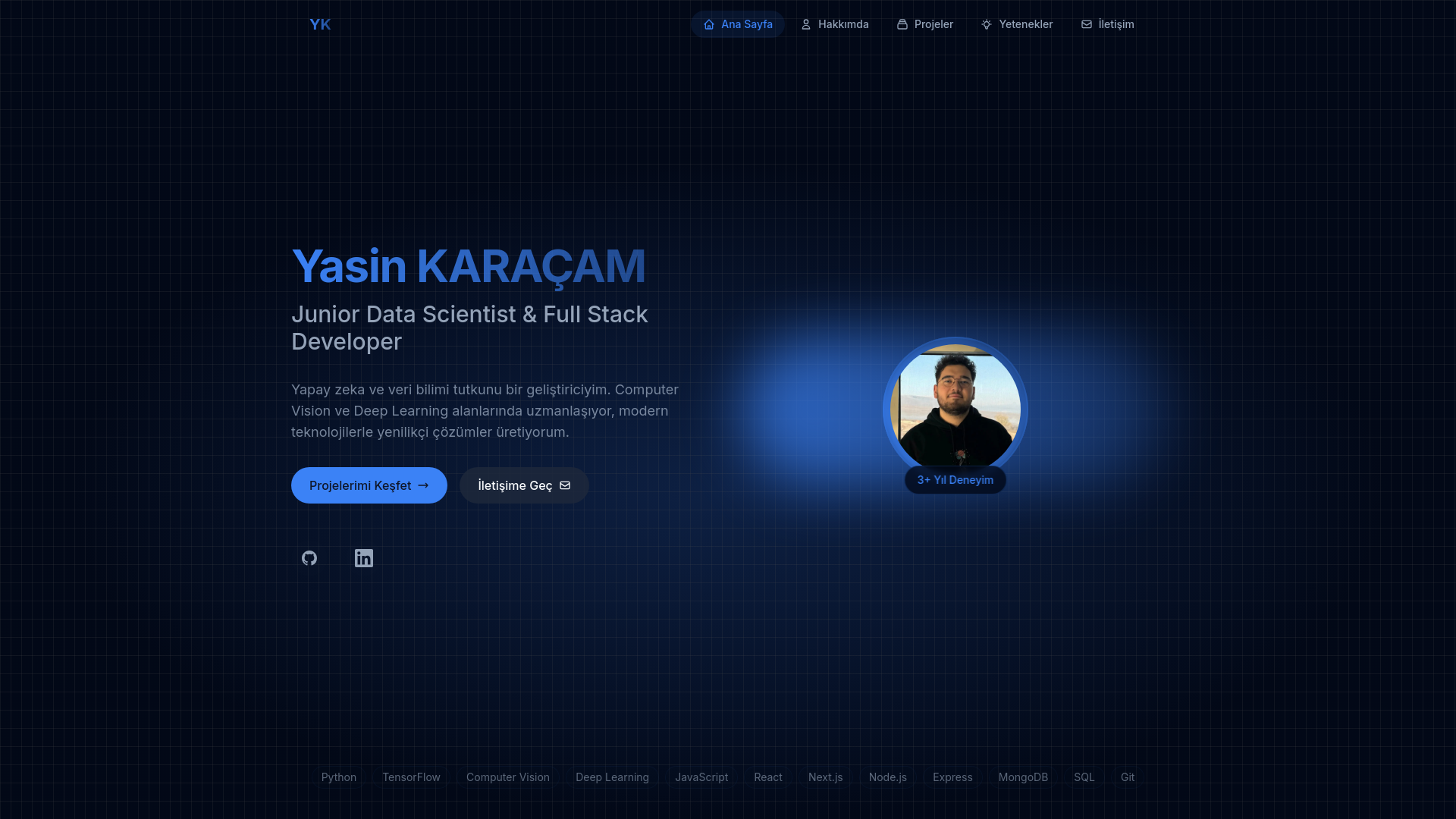 website screenshot of https://yasinkaracam.codes/