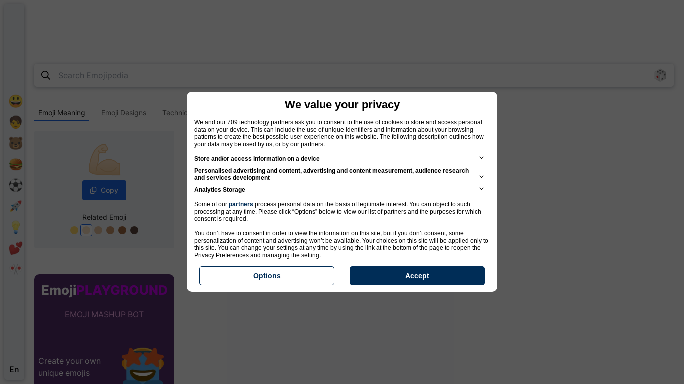 website screenshot of https://emojipedia.org/flexed-biceps-light-skin-tone
