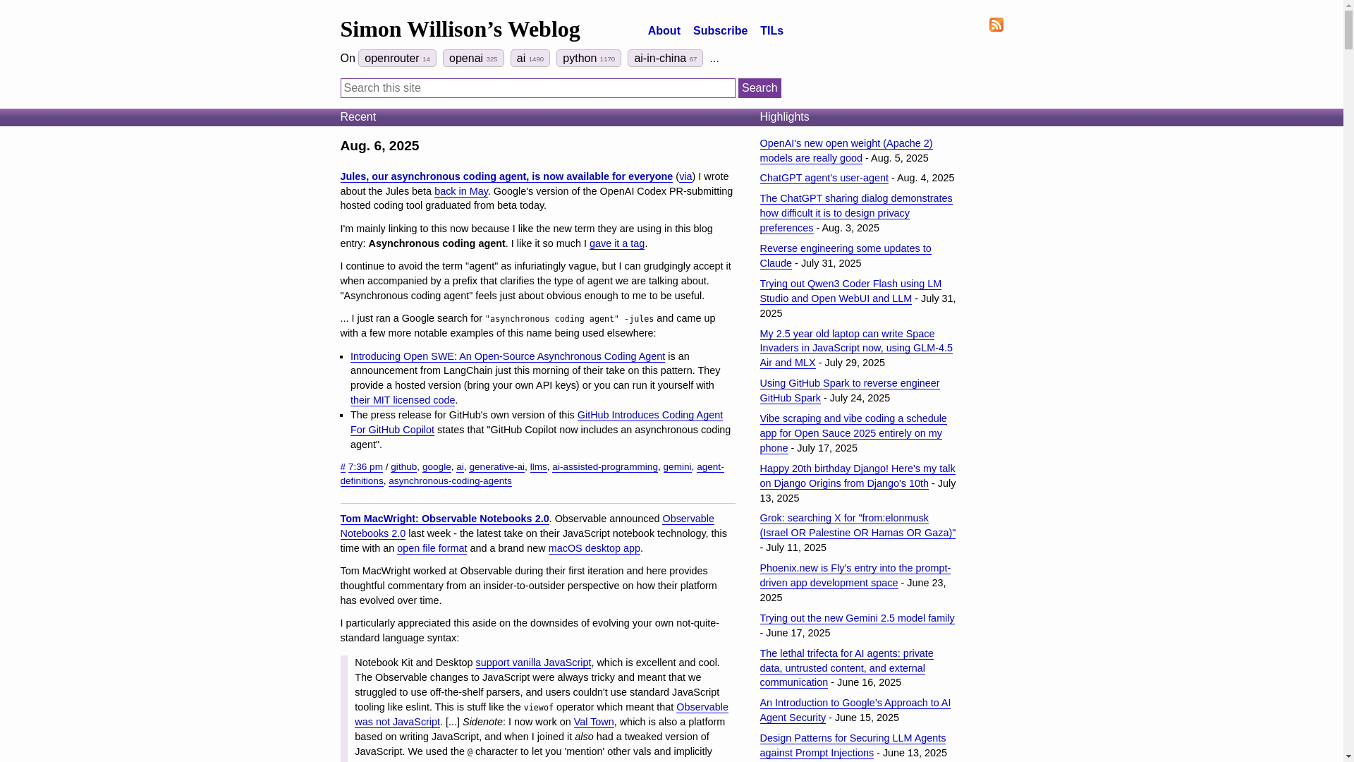 website screenshot of https://simonwillison.net