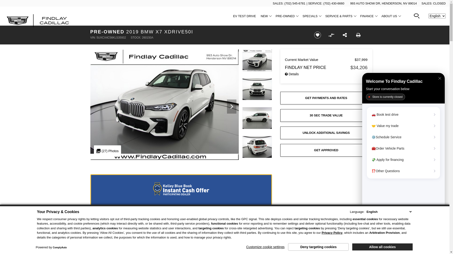 website screenshot of https://www.findlaycadillac.com/inventory/used-2019-bmw-x7-xdrive50i-na-suv-5uxcx4c56kls35932/
