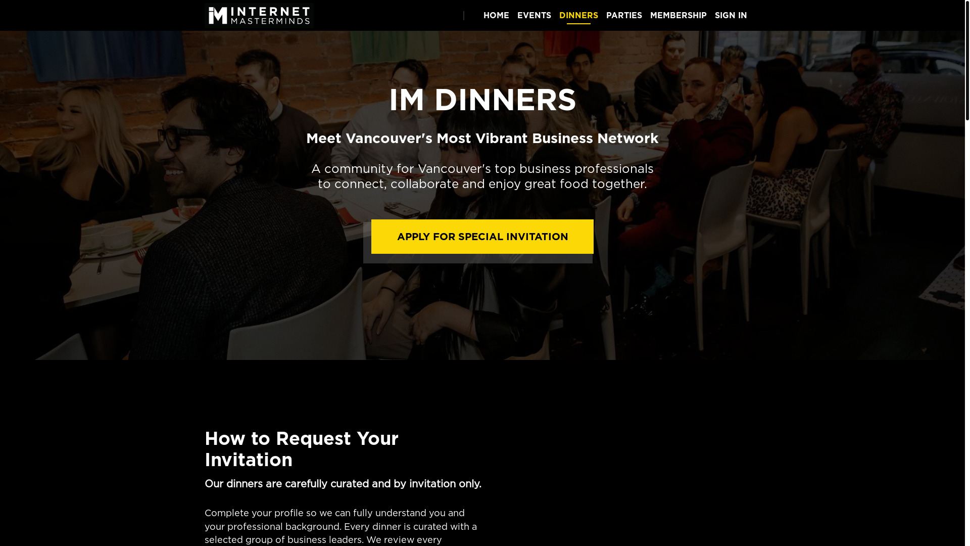 website screenshot of https://internetmasterminds.org/dinners