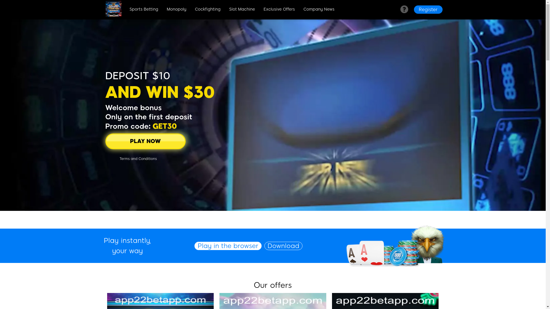 website screenshot of https://app22betapp.com/