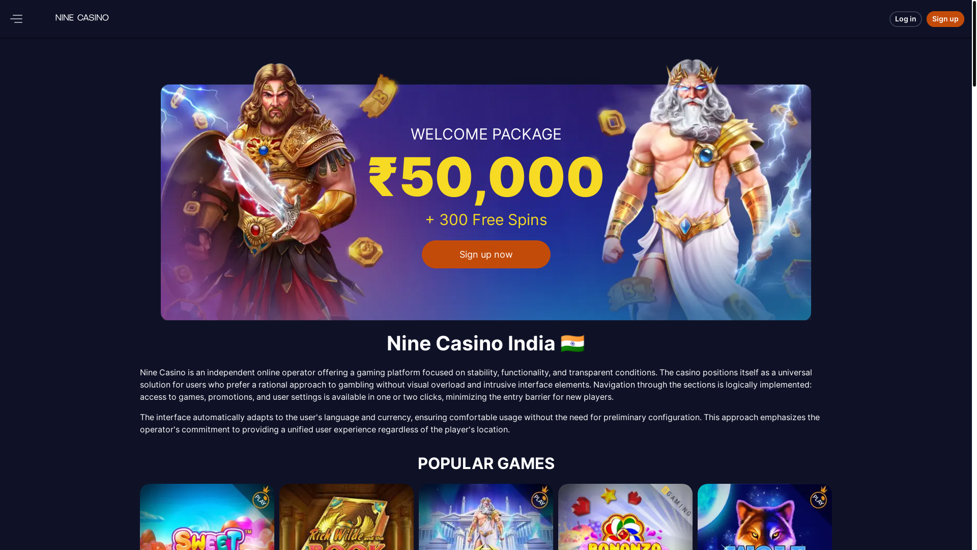 website screenshot of https://ninecasino.in/