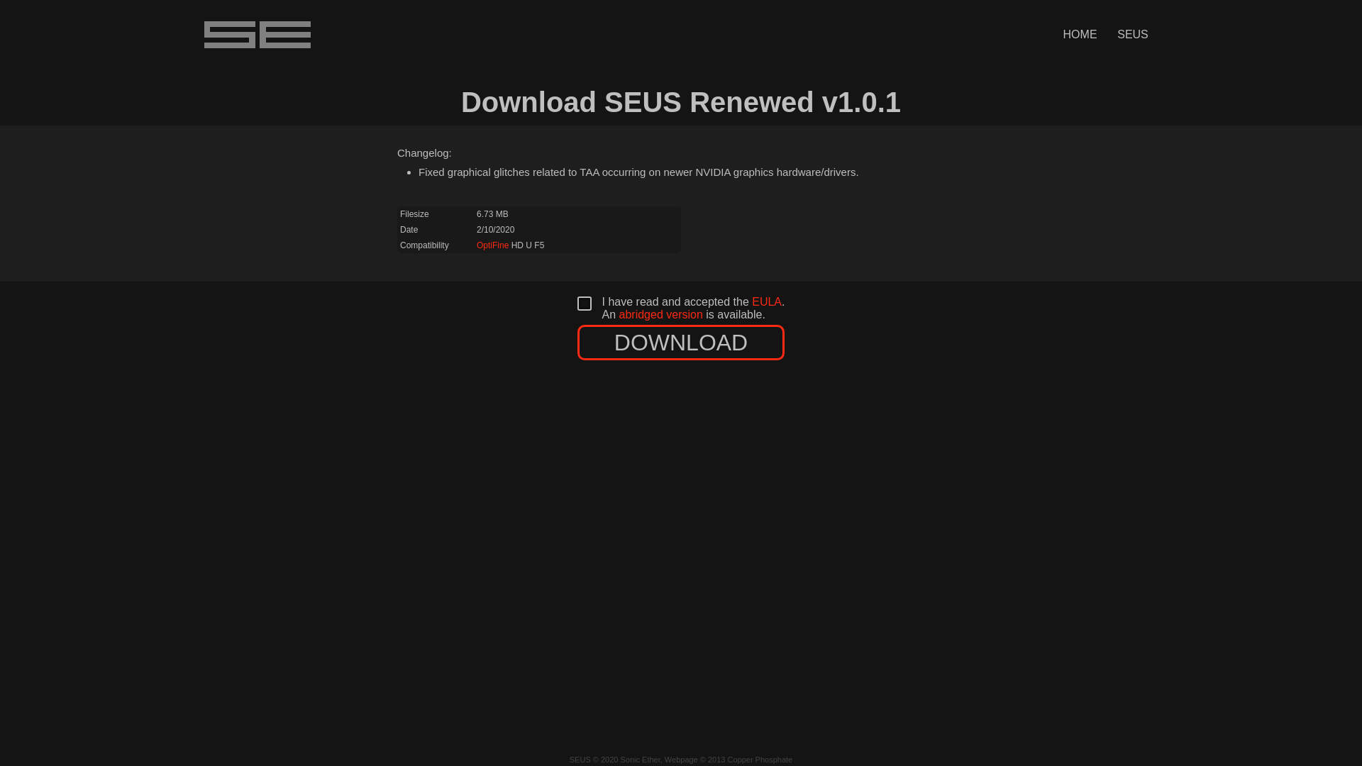 website screenshot of https://sonicether.com/shaders/download/renewed-v1-0-1/