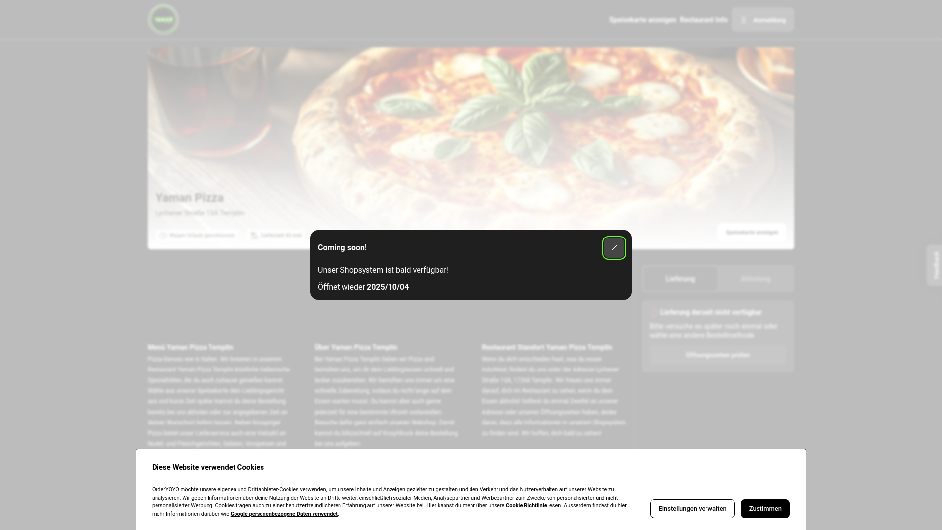 website screenshot of https://yaman-pizza.de/