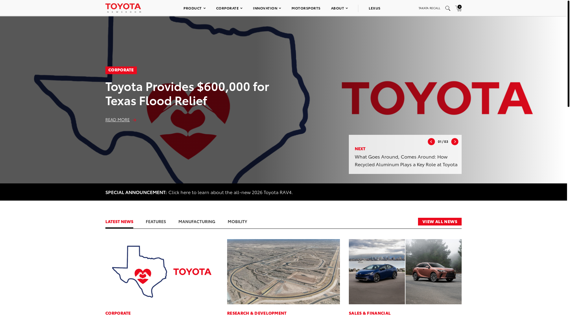 website screenshot of https://pressroom.toyota.com/
