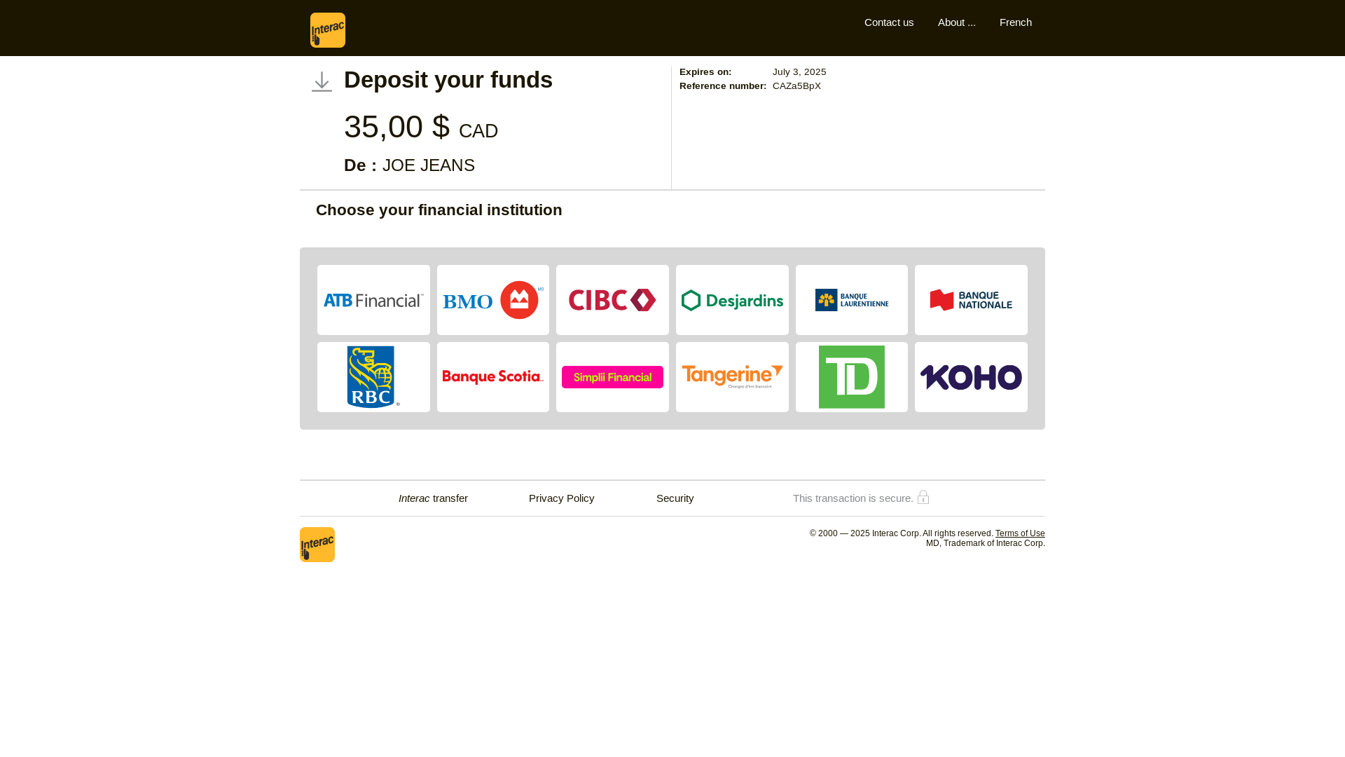 website screenshot of https://interac-virement-recu.com/