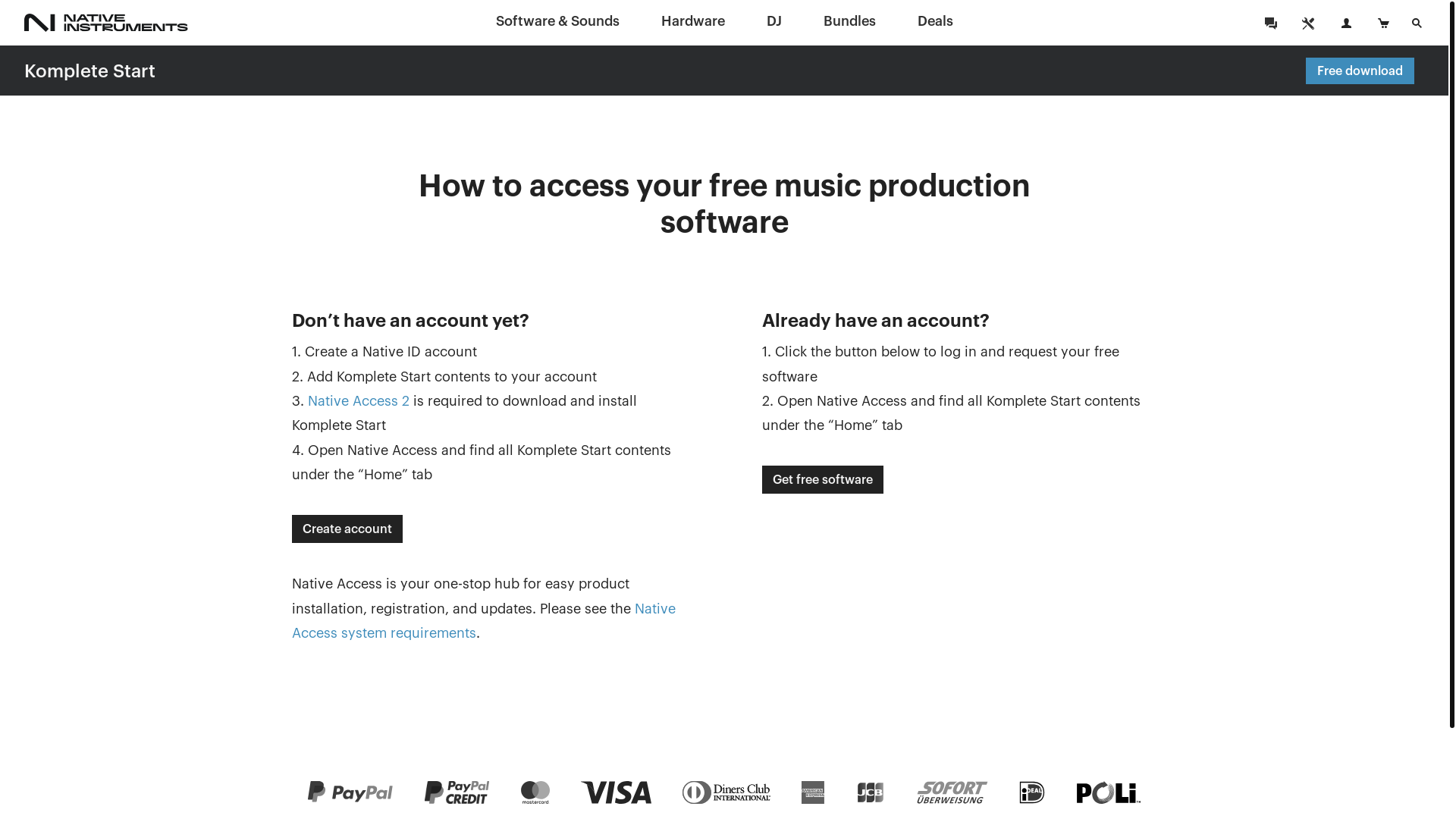 website screenshot of https://www.native-instruments.com/en/products/komplete/bundles/komplete-start/get-komplete-start/