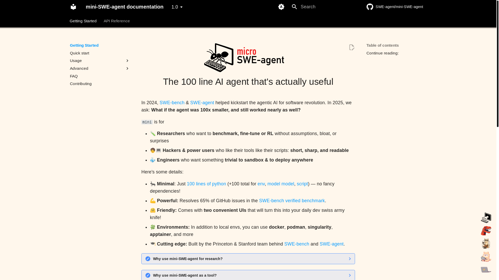 website screenshot of https://mini-swe-agent.com/